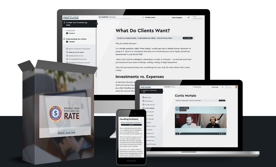 Brennan Dunn Double Your Freelancing Rate course cover featuring freelance success strategies