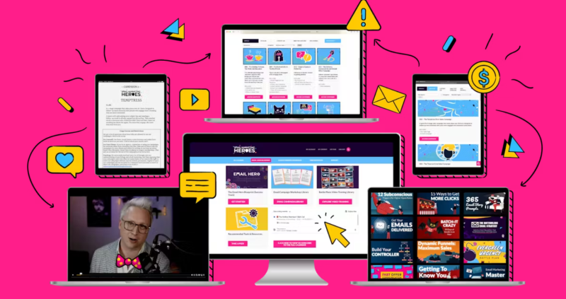 Email Marketing Heroes - Email Hero Blueprint course interface showing dashboard and modules